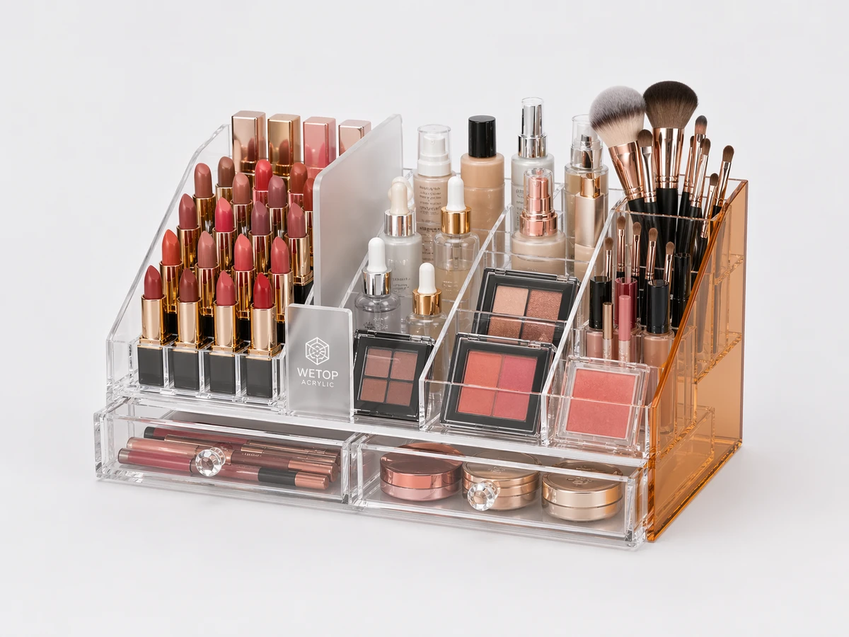 Multi-compartment acrylic makeup organizer with lipstick slots, brush cups, and palette shelves