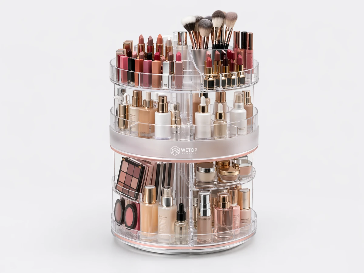 Rotating acrylic makeup organizer with 4 tiers and 360-degree steel bearing base