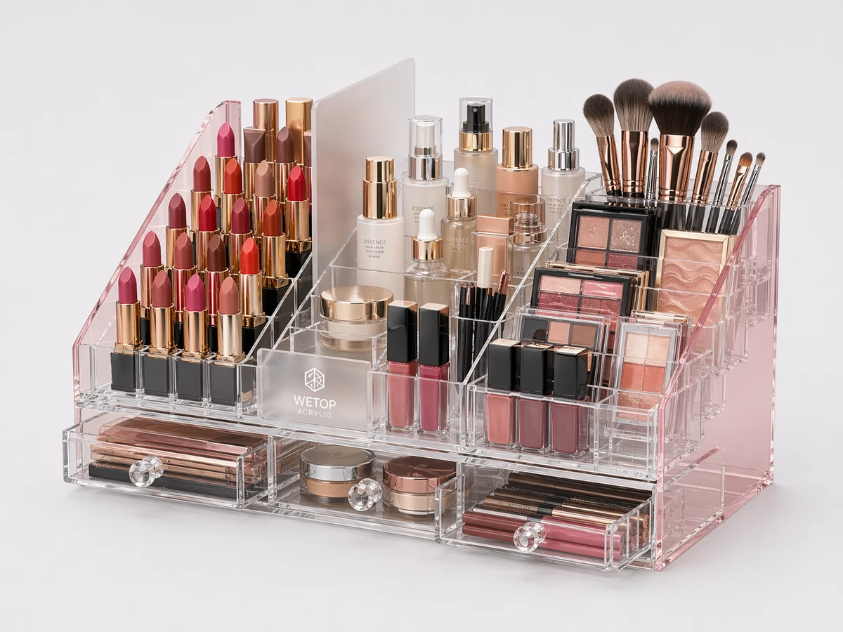 Custom acrylic makeup organizer with lipstick slots, brush cups, and palette shelves on a countertop