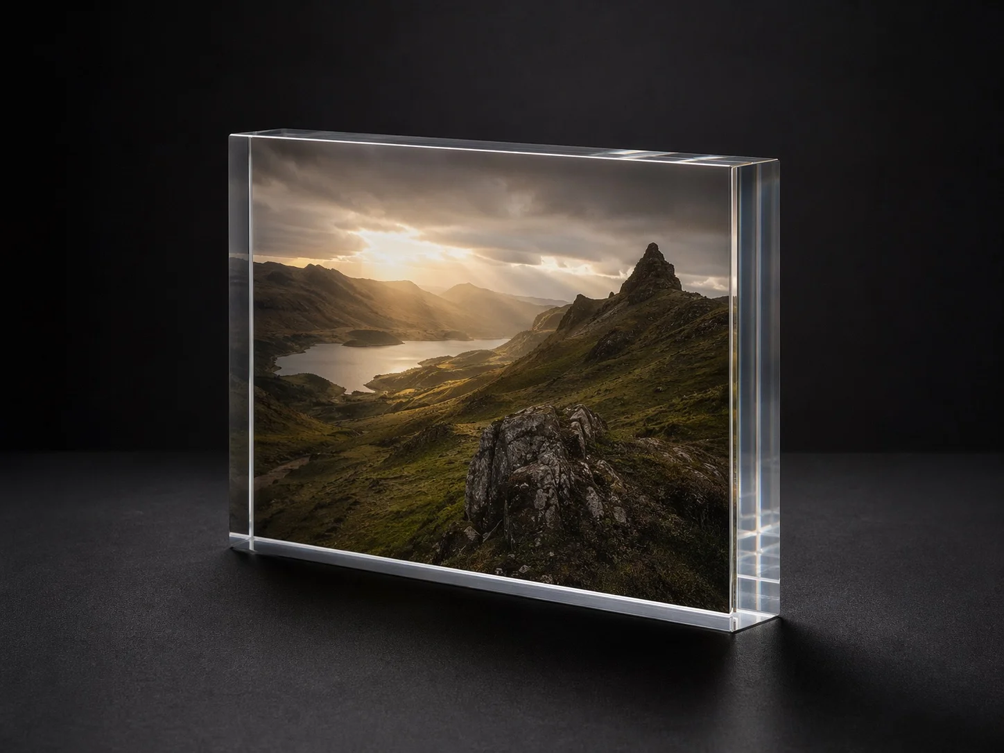 Thick 30 millimeter acrylic photo block with a fine art landscape print on a dark gallery-style background