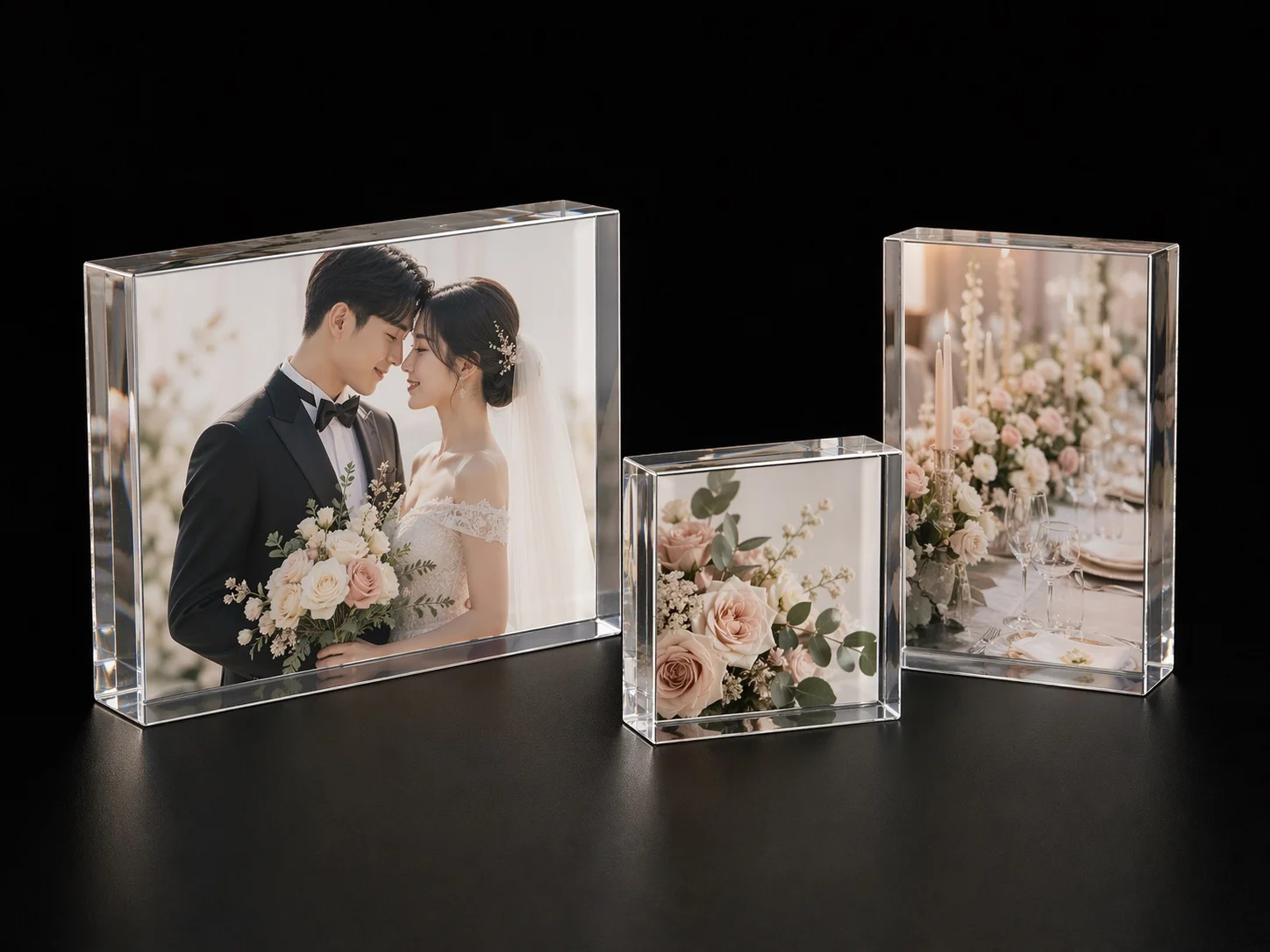 Wedding-themed acrylic photo blocks with portrait, bouquet, and reception table prints on a dark studio background