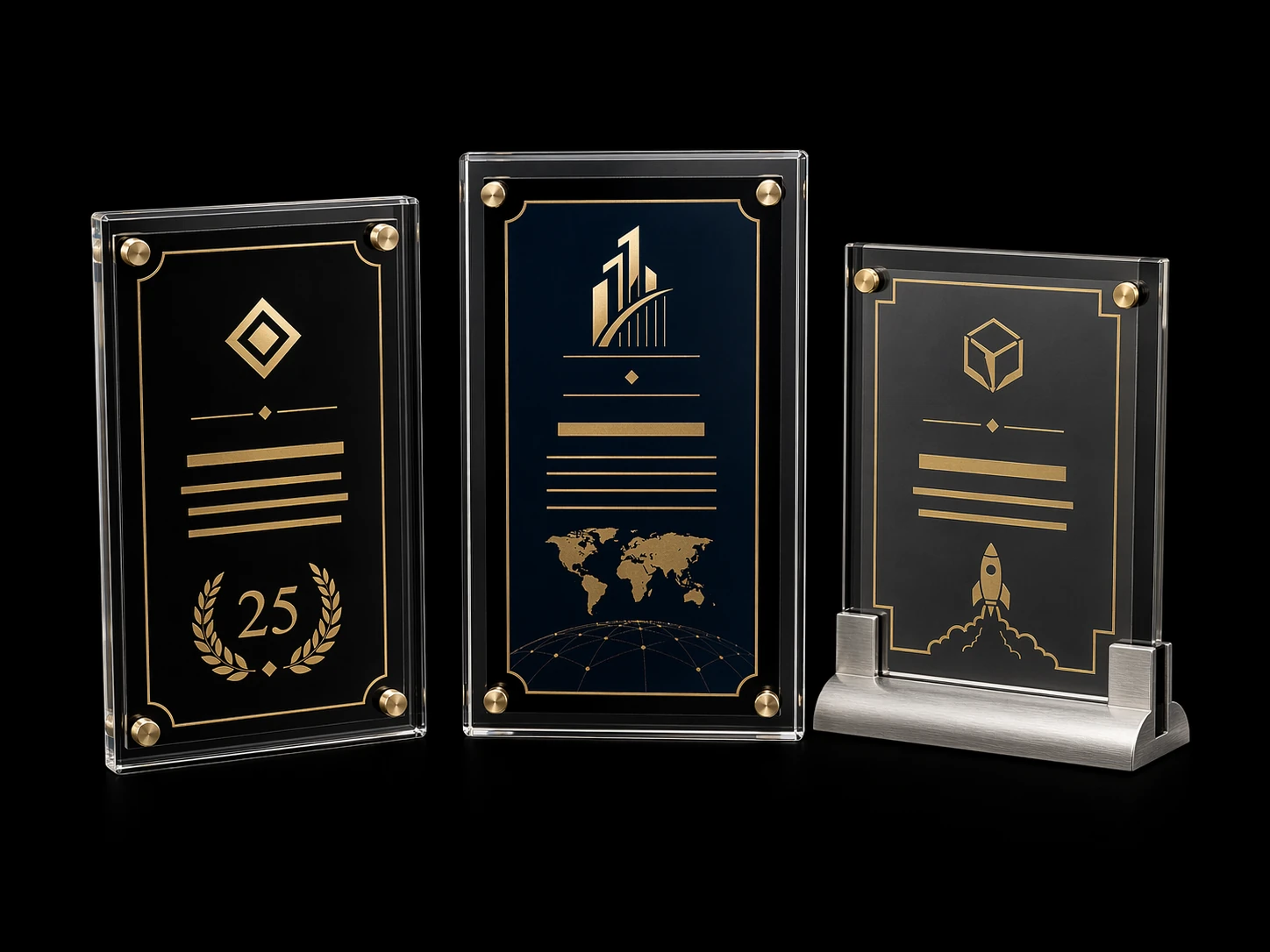 Corporate milestone acrylic plaques with hot-stamped gold text and company logos