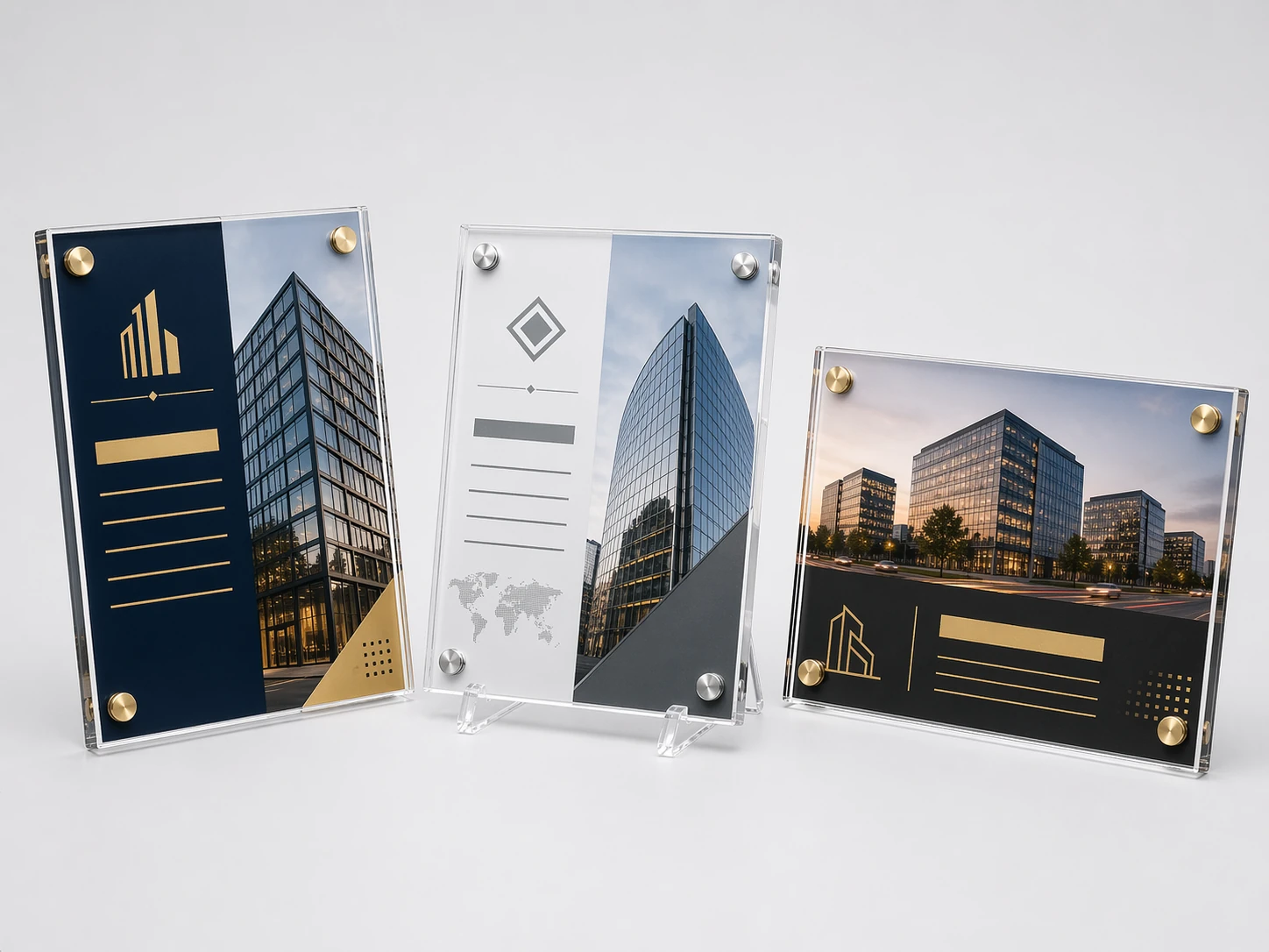 Acrylic deal toy plaques with UV-printed property photos and hot-stamped gold transaction details