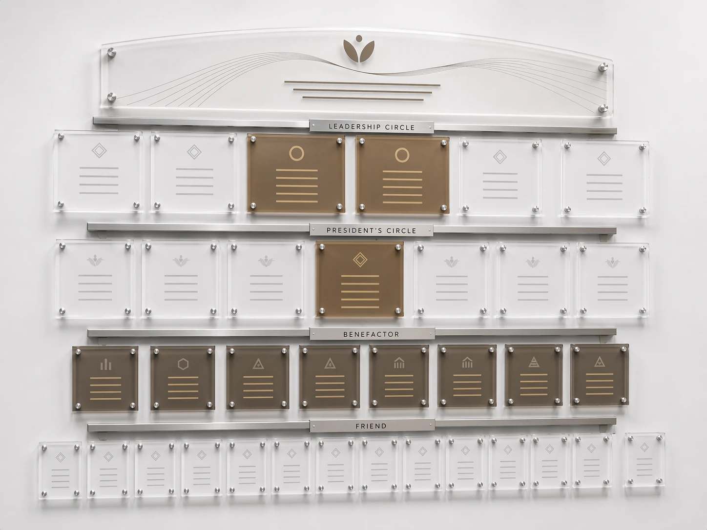 Modular acrylic donor wall with tiered recognition plaques mounted on aluminum rails