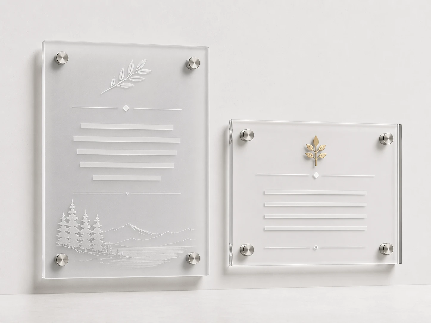 Laser-engraved acrylic memorial plaque with tribute text and wall-mount standoff pins