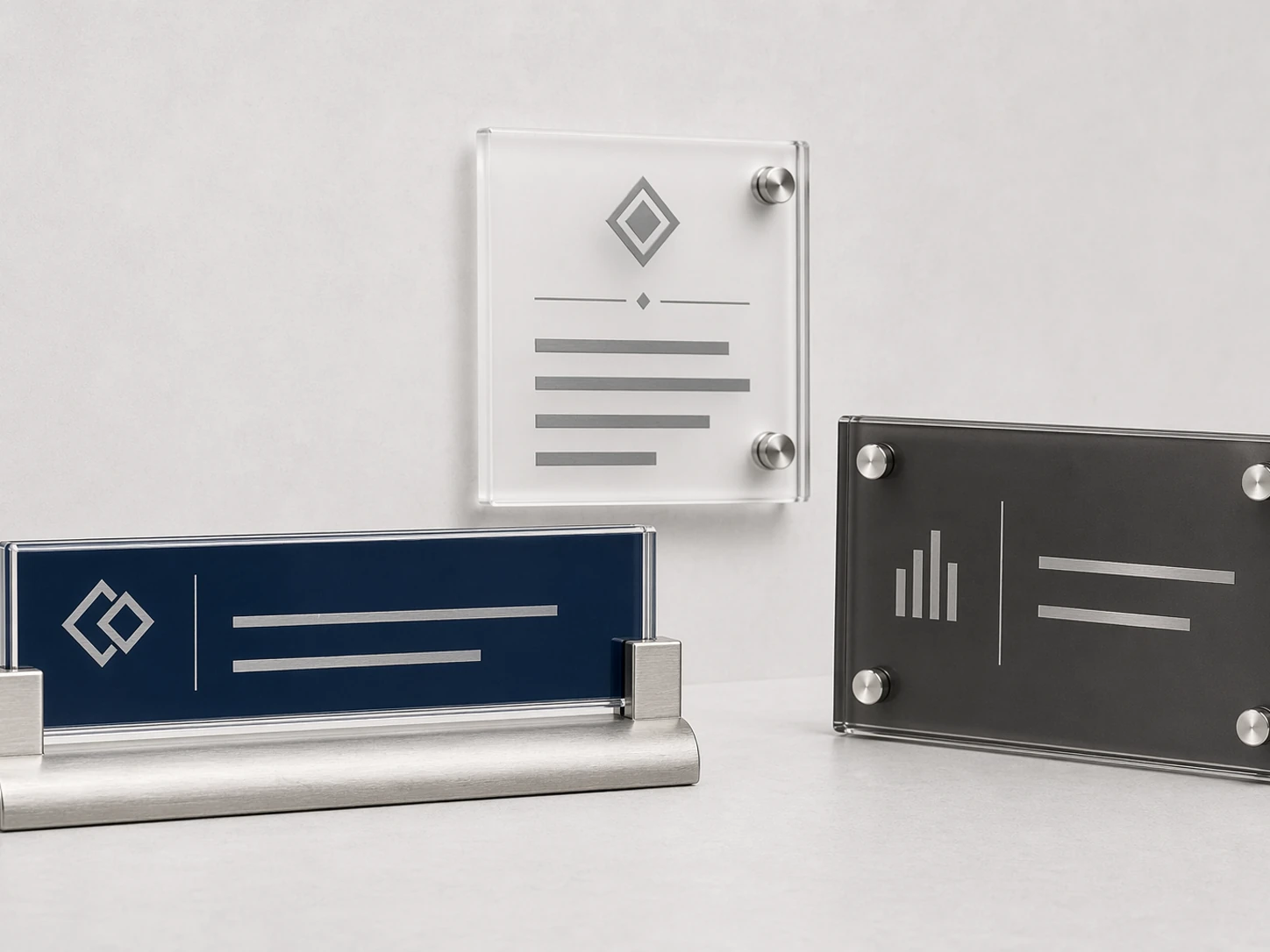 Acrylic desk nameplates with UV-printed names and titles on aluminum desktop stands