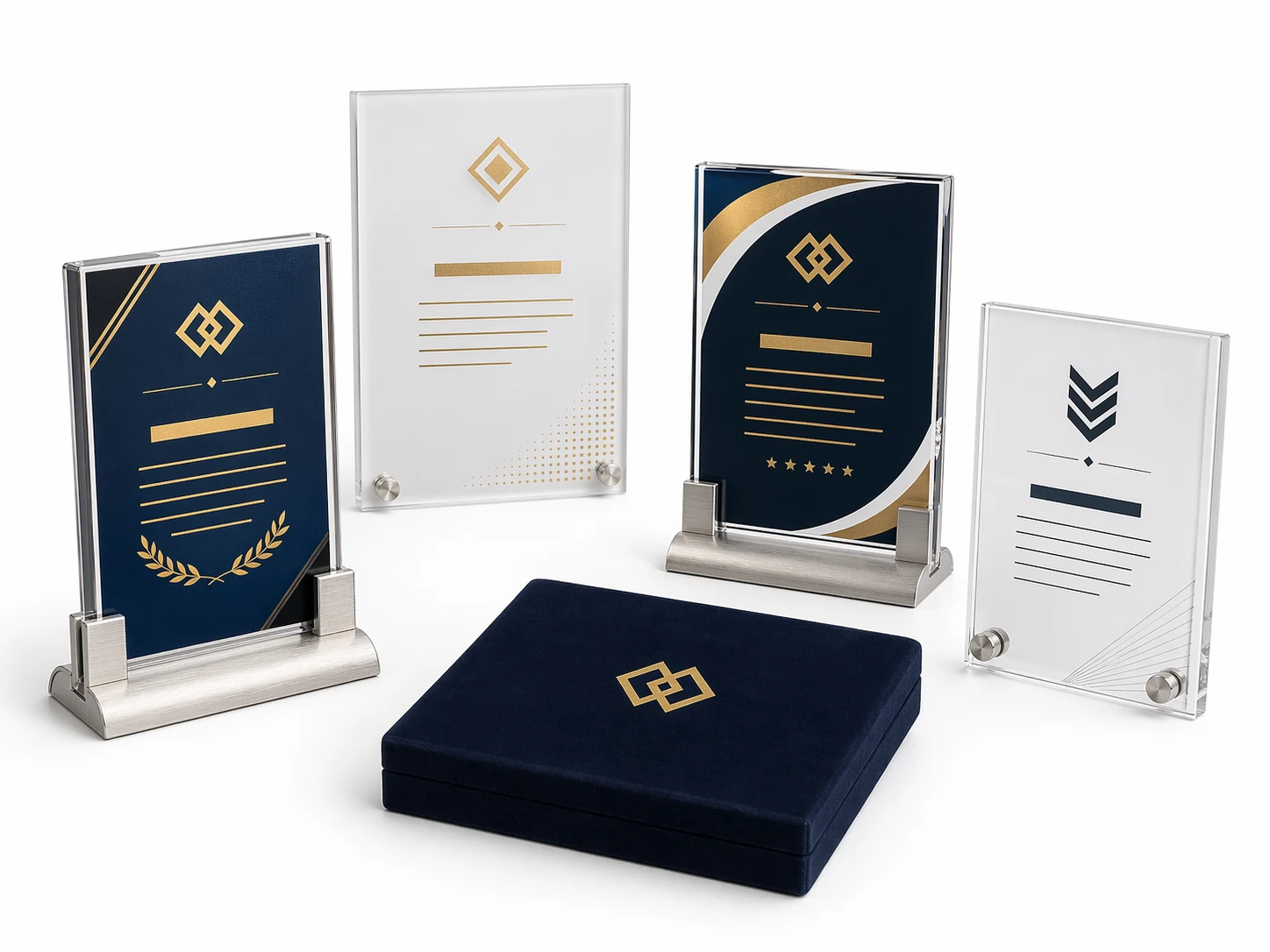 Employee recognition acrylic plaques with UV-printed logos and variable data names on desktop aluminum stands