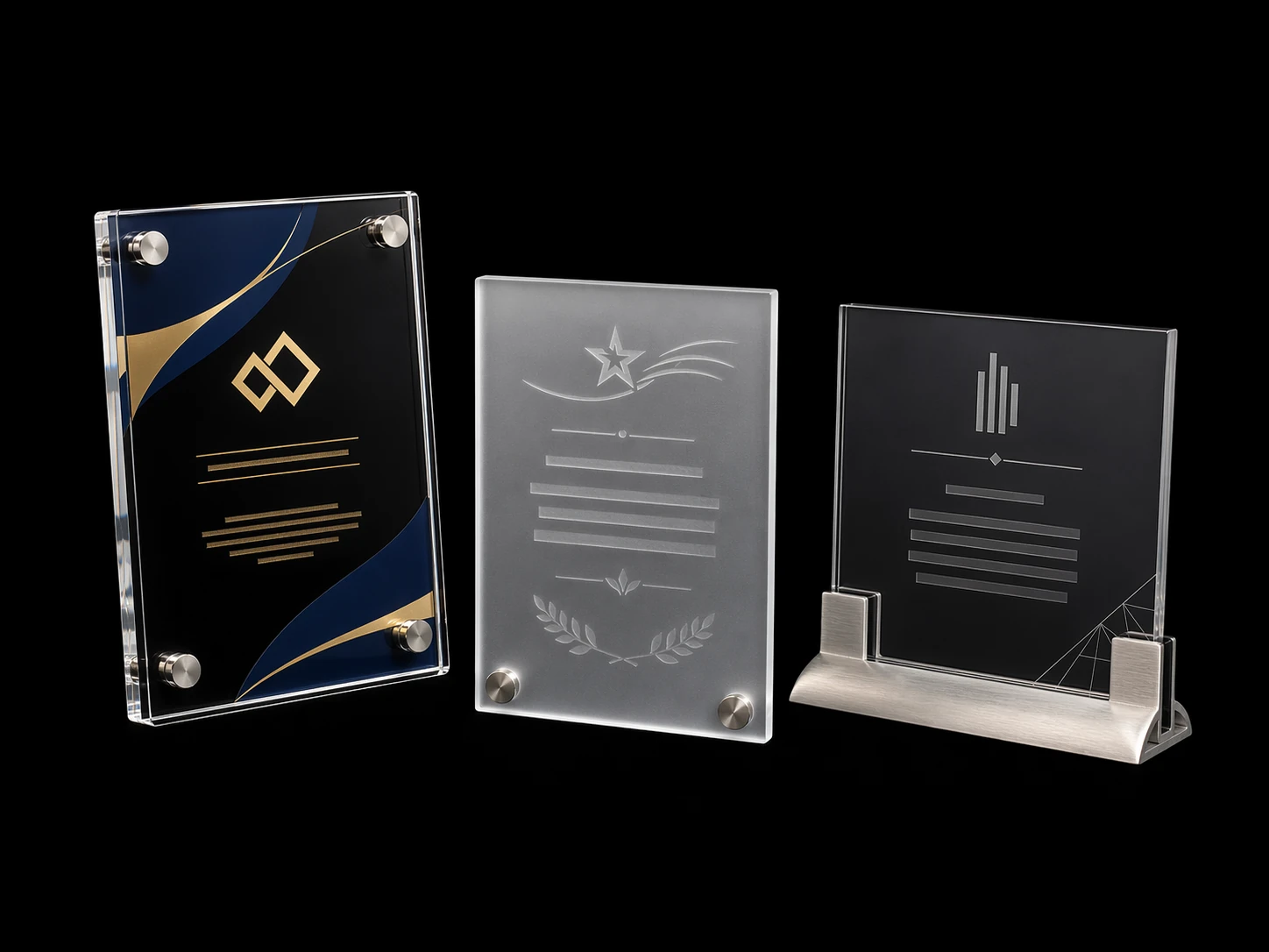 Custom acrylic plaques — UV-printed corporate logos with individual recipient names, desktop stand and wall-mount options
