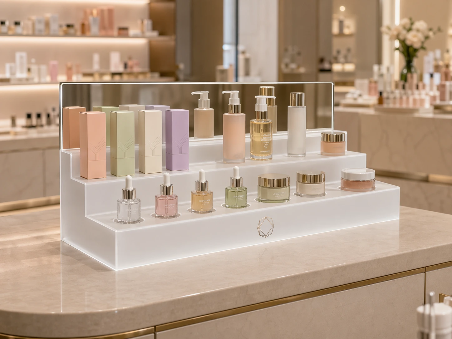 Frosted acrylic cosmetics counter riser with mirrored back panel and skincare bottles on a beauty counter