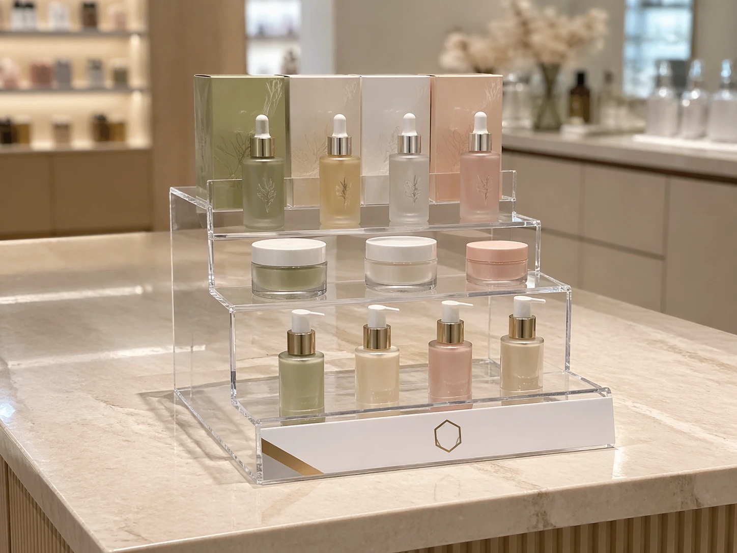 3-tier stepped acrylic riser on a cosmetics retail counter with products displayed at ascending heights
