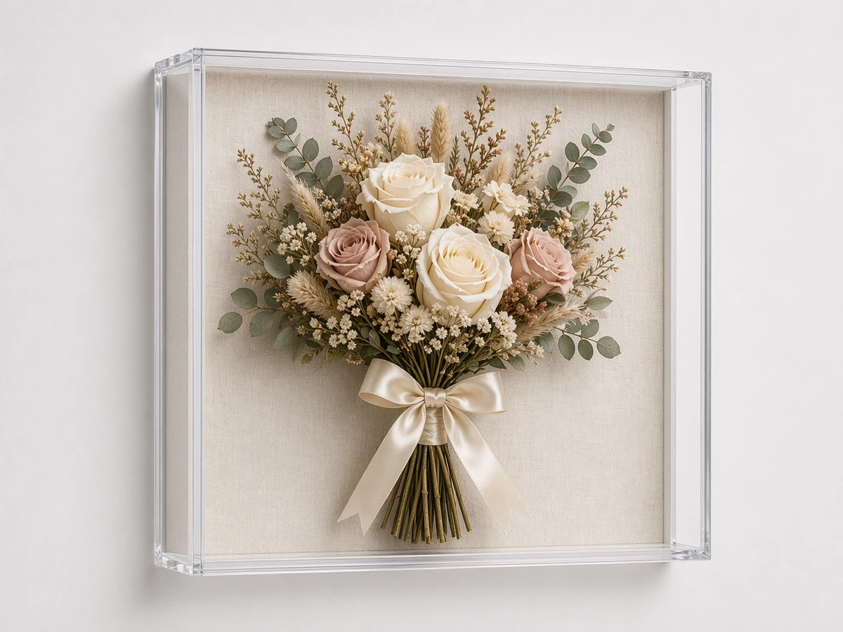 Acrylic flower shadow box with preserved wedding bouquet on linen backing