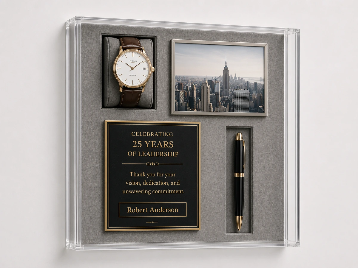 Corporate acrylic shadow box with company milestone and award display