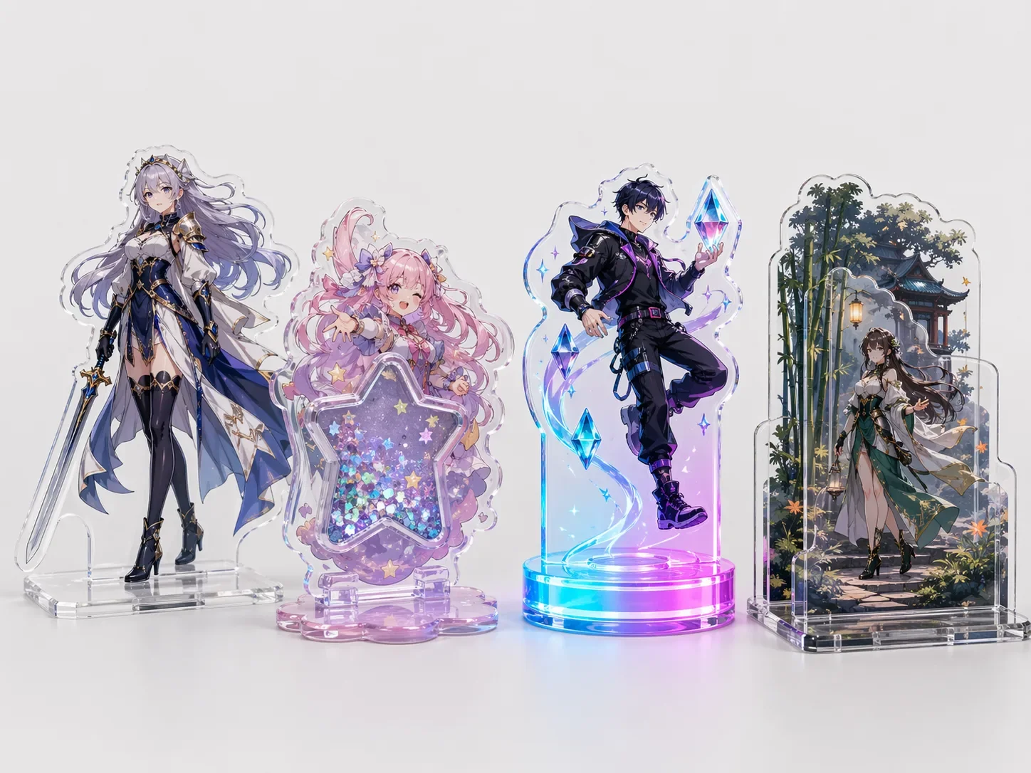 Collection of custom acrylic standees — anime character cutouts, shaker standees, and LED-lit display pieces on acrylic bases