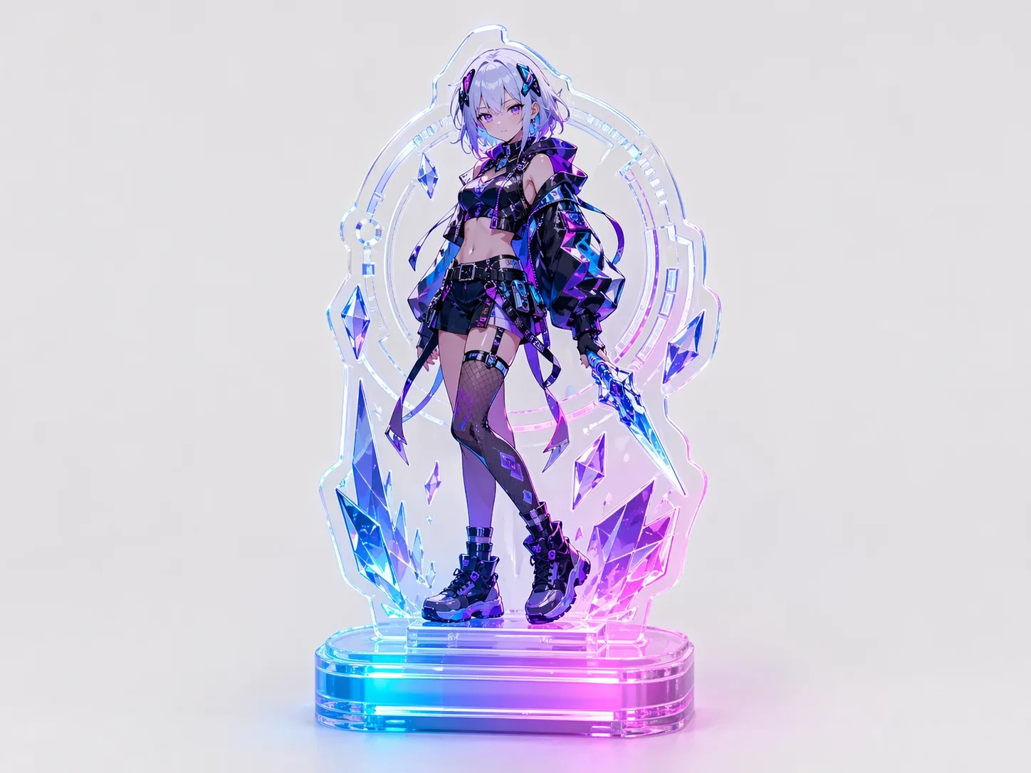 LED-lit acrylic standee with RGB color-changing base illuminating character panel