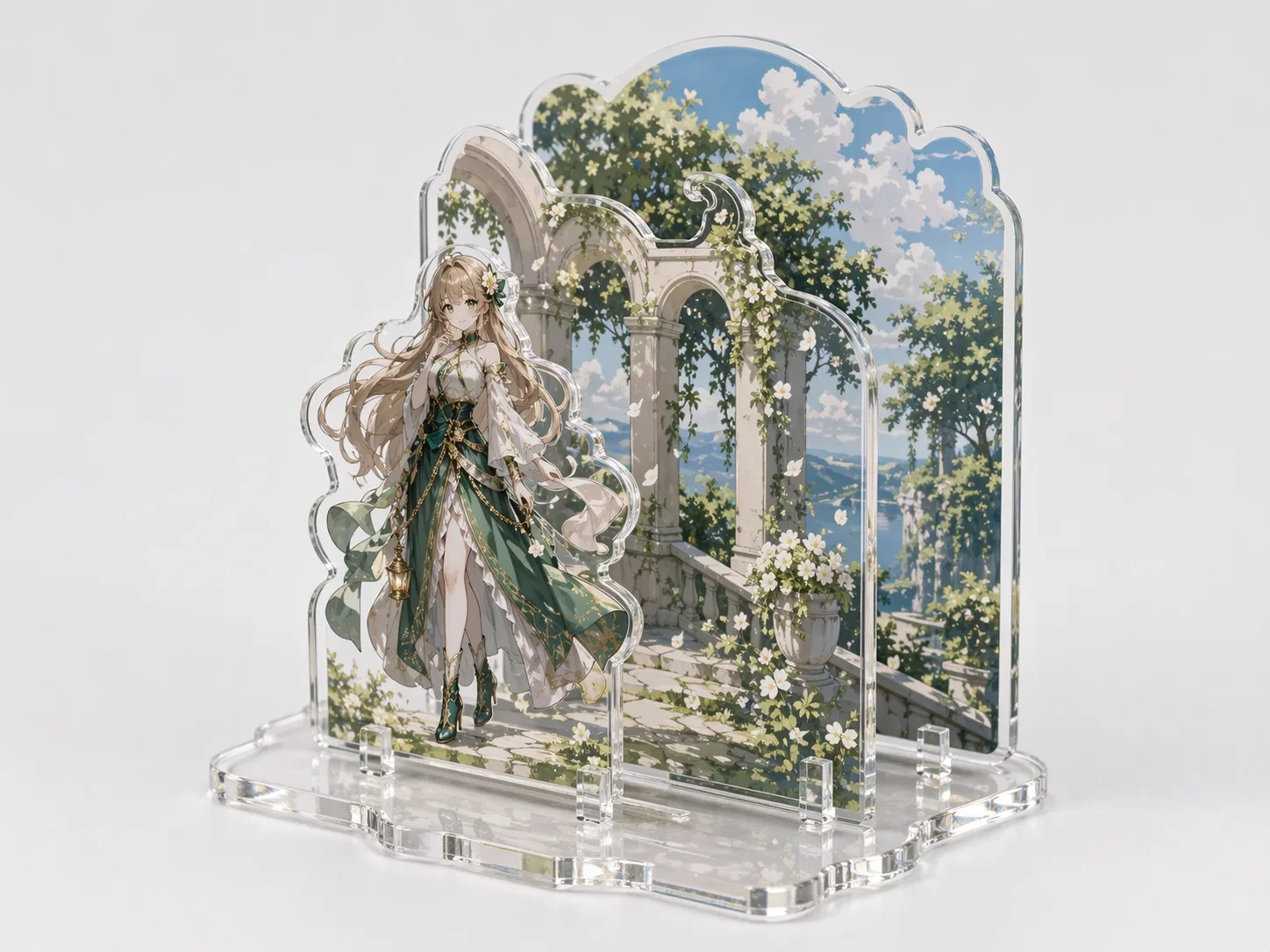 Multi-layer acrylic standee with three panels at staggered depths creating 3D parallax effect