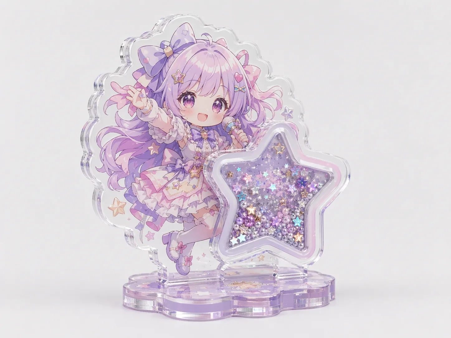 Shaker acrylic standee with holographic glitter fill visible through star-shaped window