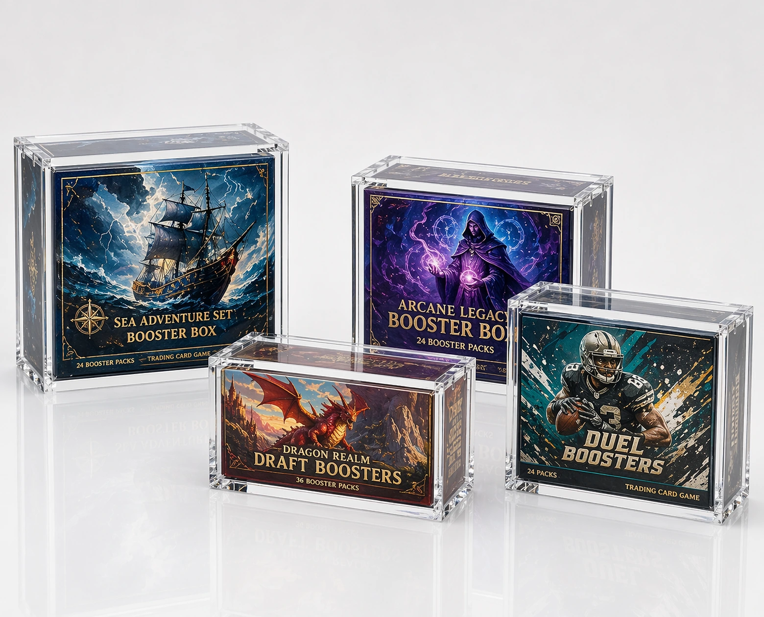 Photorealistic clear acrylic booster box display cases with snug-fit colorful trading card packaging and nearly invisible lid hardware