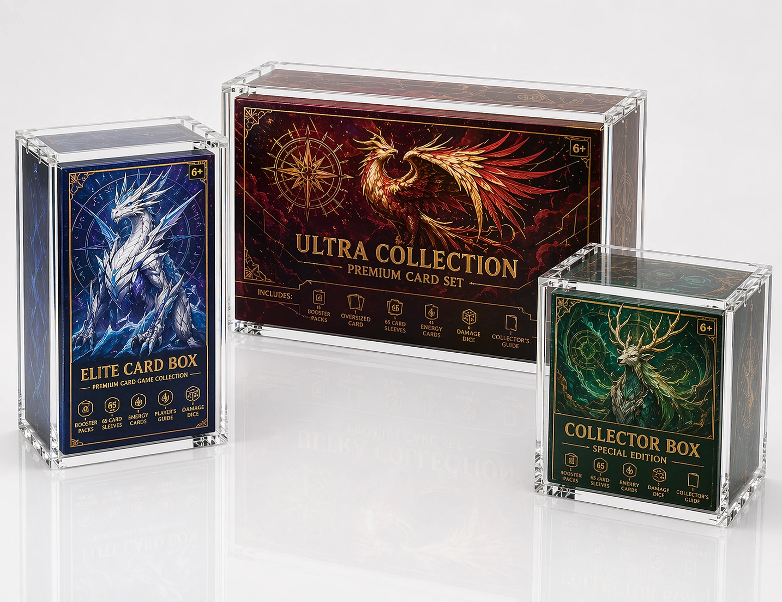 Photorealistic clear acrylic ETB, UPC, and collector box display cases with snug-fit colorful retail packaging and nearly invisible lid hardware