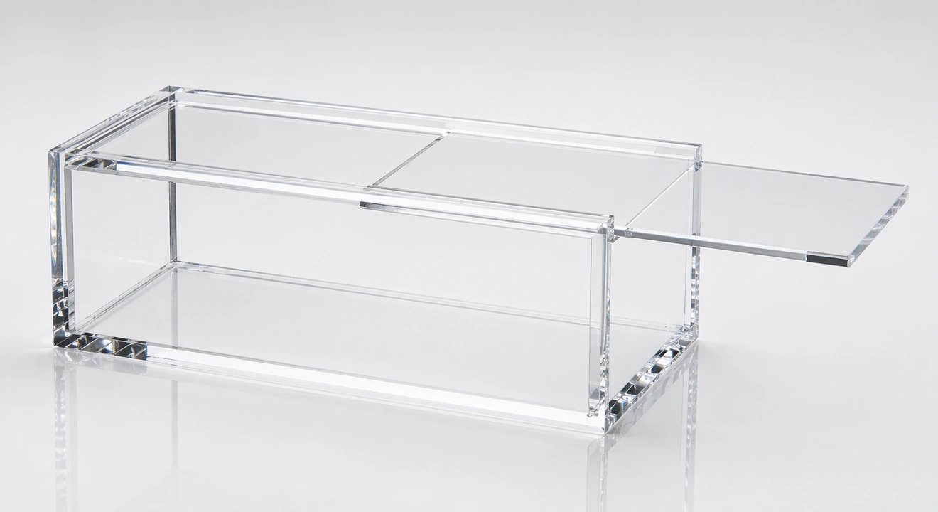 Photorealistic empty clear acrylic card case with a top panel sliding through side-wall grooves
