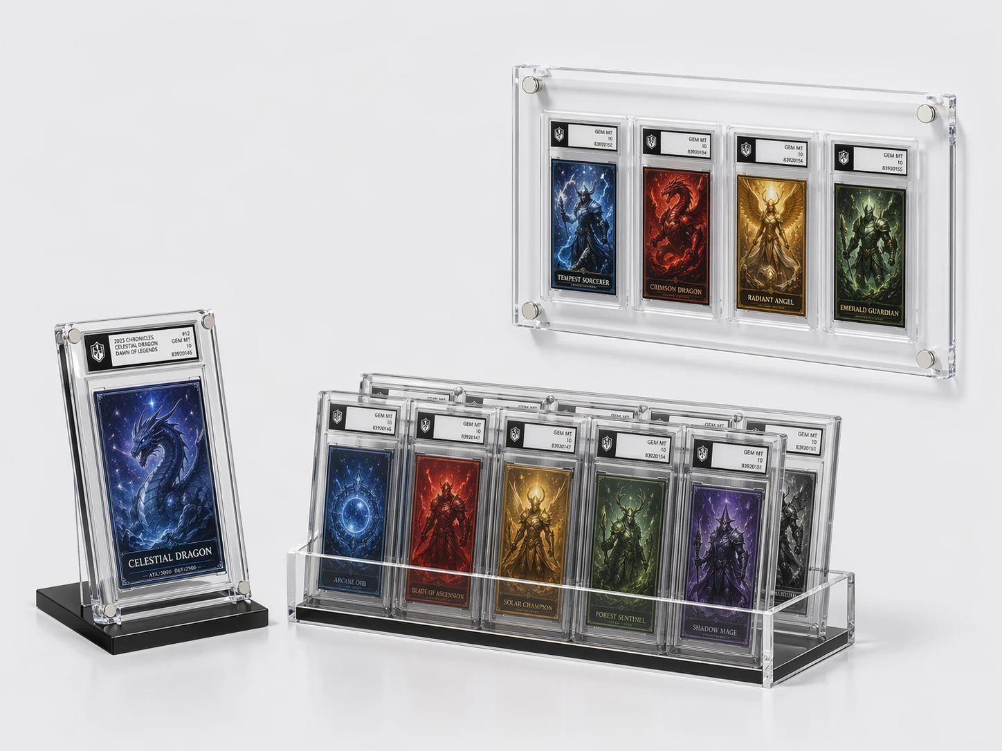 Acrylic graded card display solutions, including single-slab stand, multi-slab rack, and wall display panel