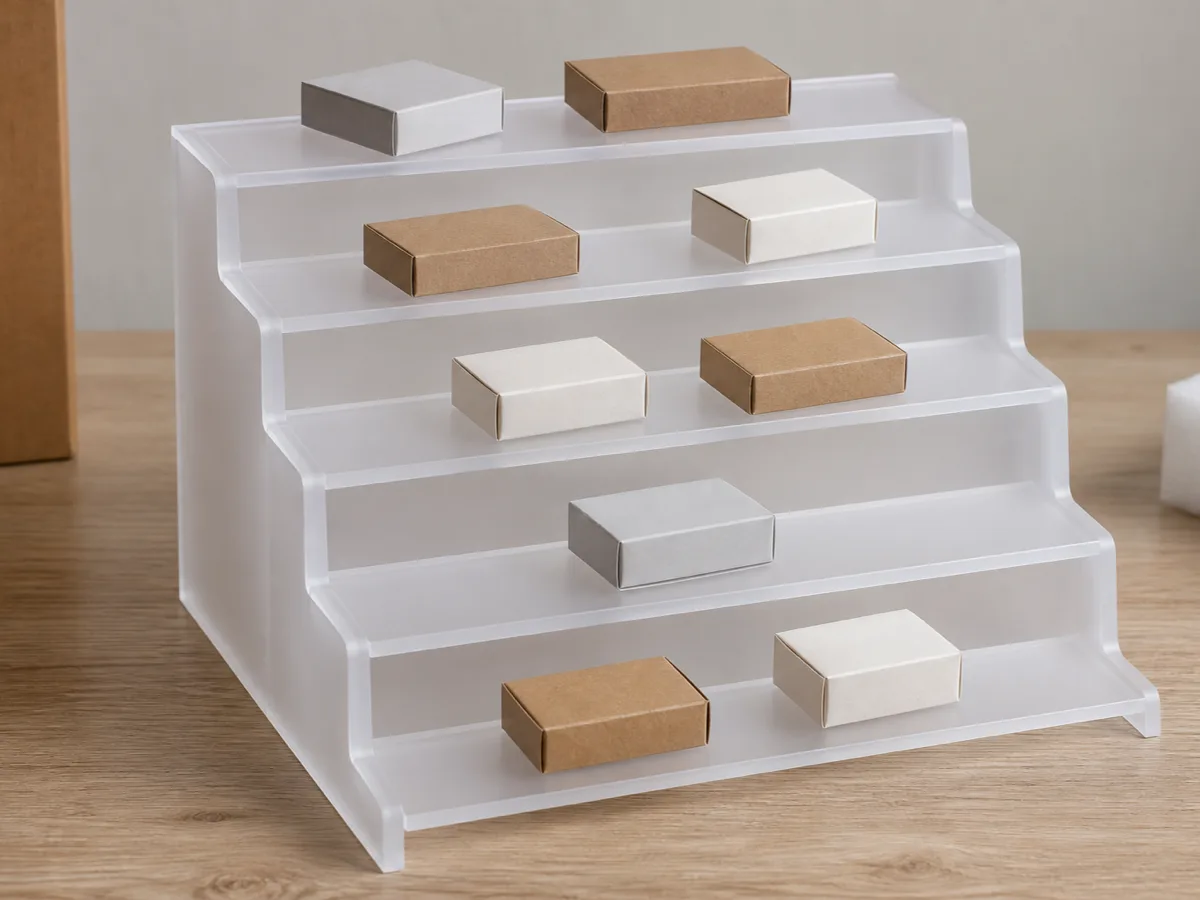 Frosted white five-tier acrylic display stand holding small unbranded cartons