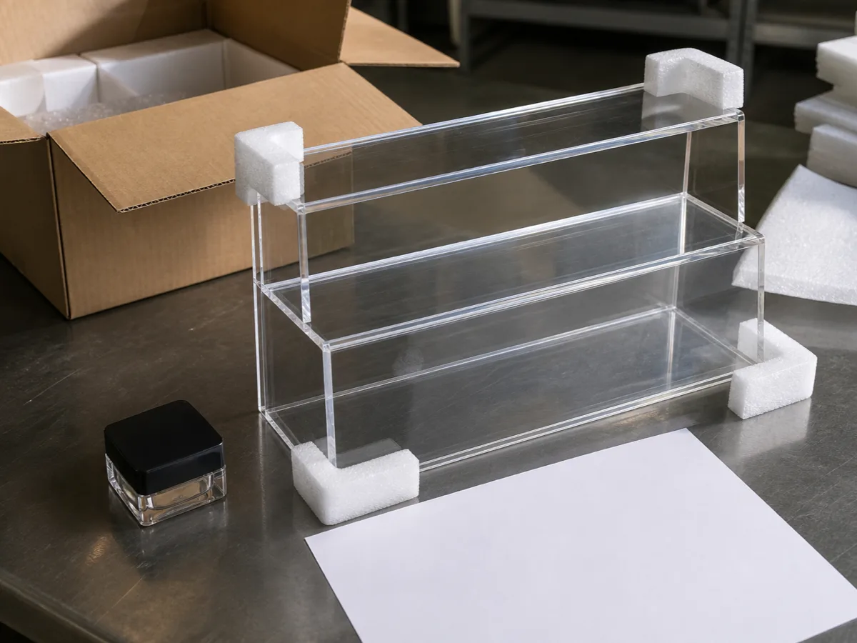 Clear three-tier acrylic stand protected with foam corners beside a kraft shipping carton