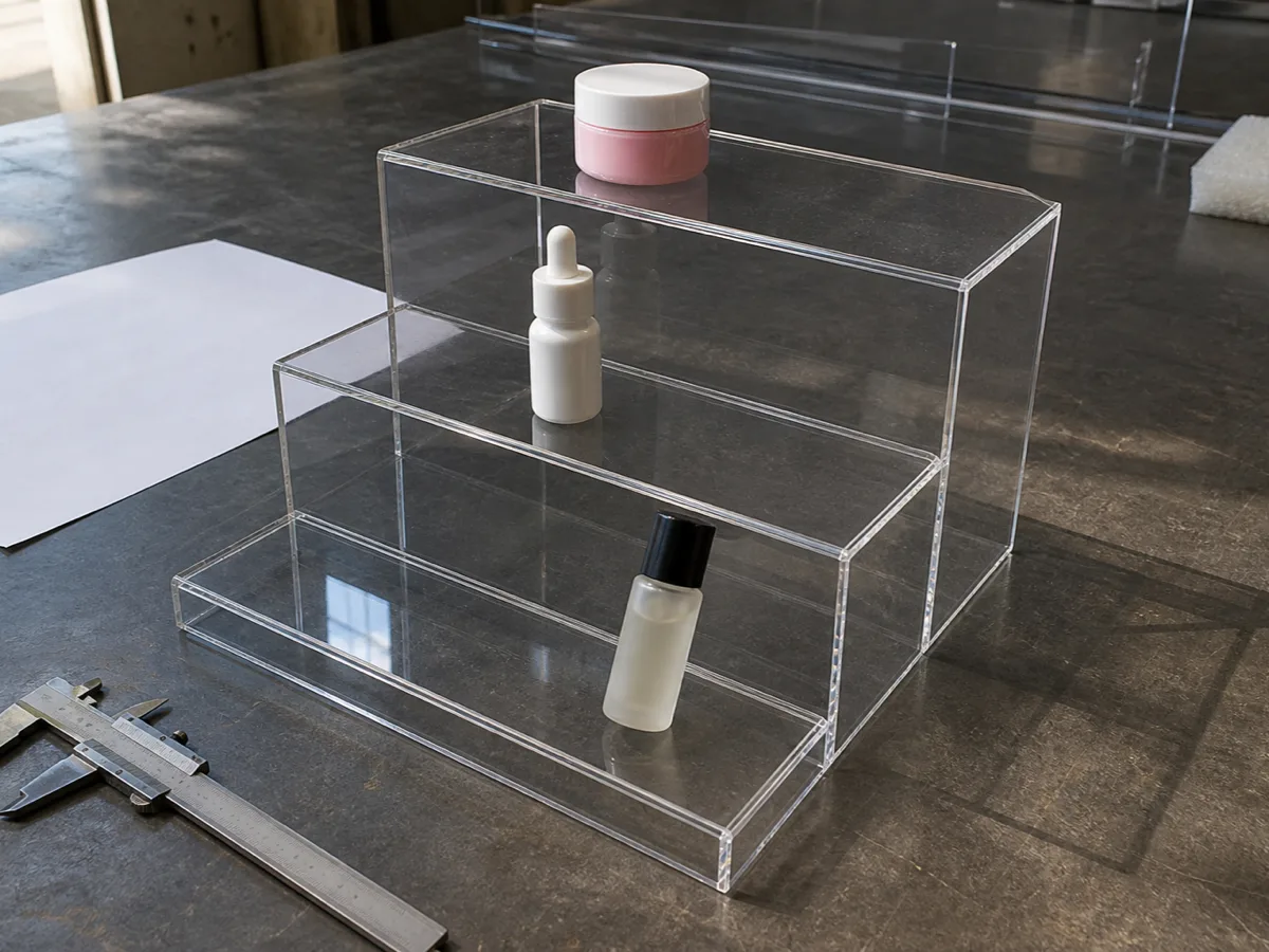 Clear bonded three-tier acrylic stand on an inspection bench with product samples and calipers
