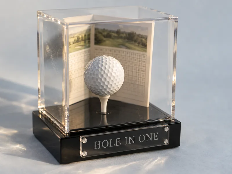 Hole-in-one acrylic display case with golf ball, scorecard and engraved plaque
