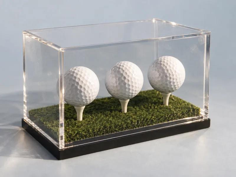 Clear acrylic three-ball golf ball display case with tees